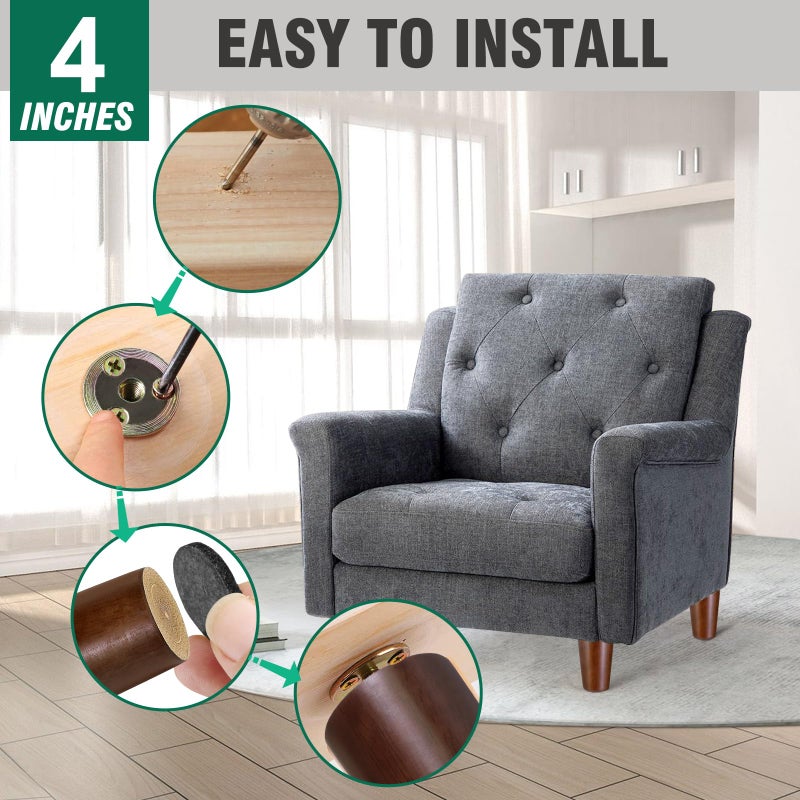 FoDau770 Brown Rubber Wood Furniture Legs 4 Inches, Straight Tapered Wood Legs Mid Century Sofa Legs Set of 4, 5/16"" UNC Furniture Feet Replacement Legs for Sofa Couch Dresser Chair Ottoman - Image 4